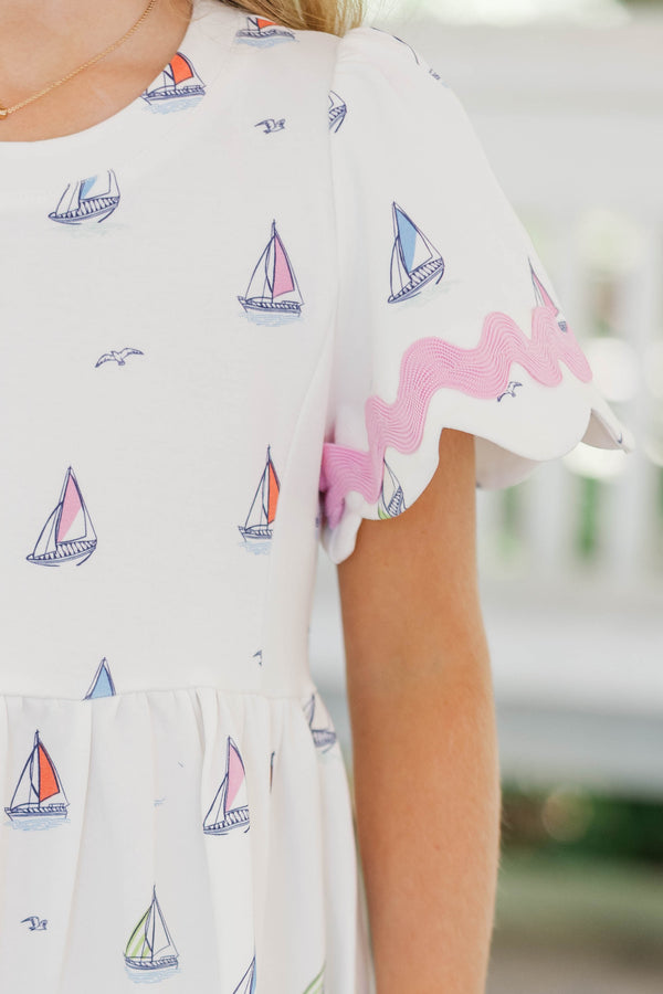 Girls: A True Favorite White Sailboat Scalloped Dress