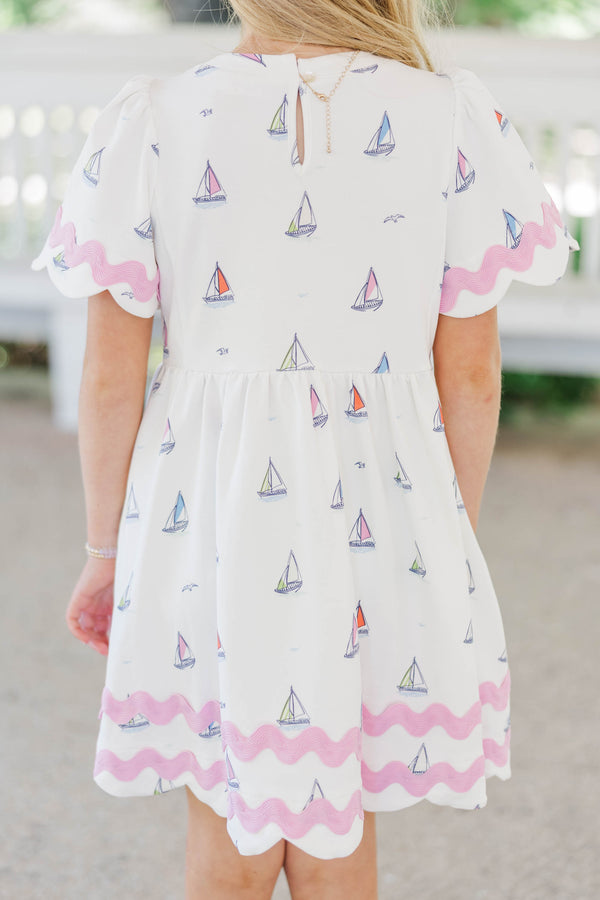 Girls: A True Favorite White Sailboat Scalloped Dress
