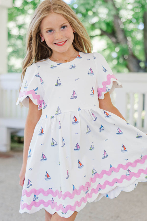 Girls: A True Favorite White Sailboat Scalloped Dress