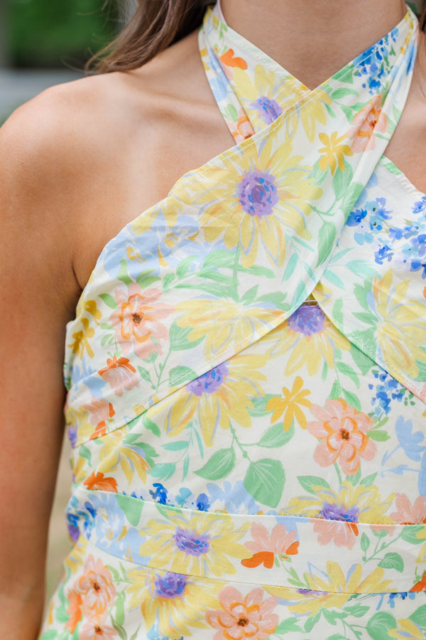 Girls: Exactly What You Needed Yellow Floral Halter Midi Dress, (14/16) - The Mint Julep Boutique