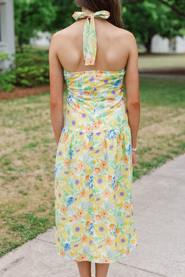 how to hide bra backless dress Yellow Floral Ruched Ruffle Midi Dress & Reviews - Yellow - Dresses