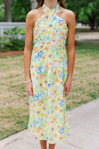 Girls: Exactly What You Needed Yellow Floral Halter Midi Dress