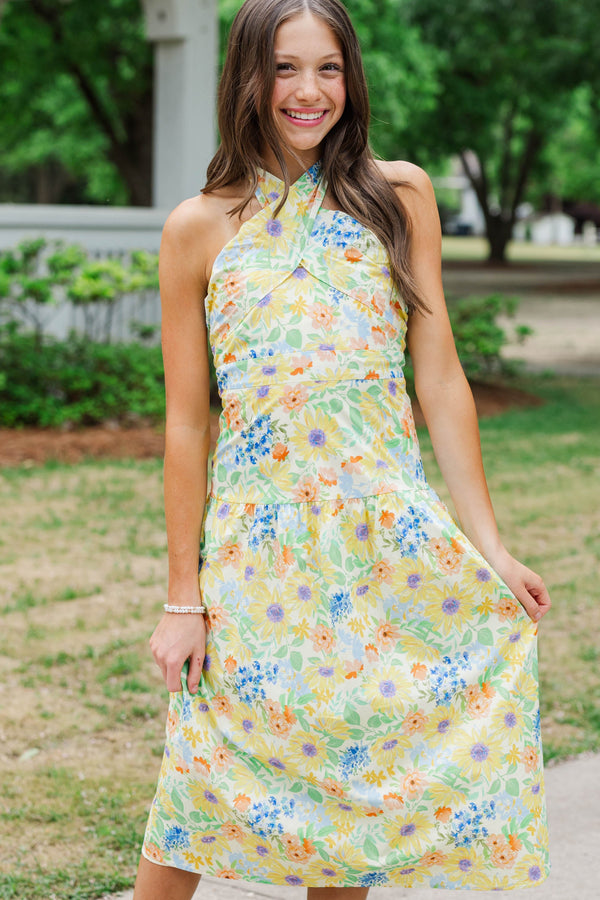 Girls: Exactly What You Needed Yellow Floral Halter Midi Dress, (14/16) - The Mint Julep Boutique | Women's Boutique Clothing