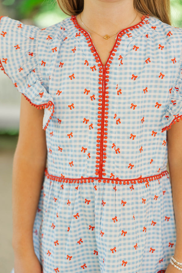 Girls: At This Time Blue Gingham & Bows Dress