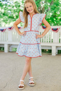 Girls: At This Time Blue Gingham & Bows Dress