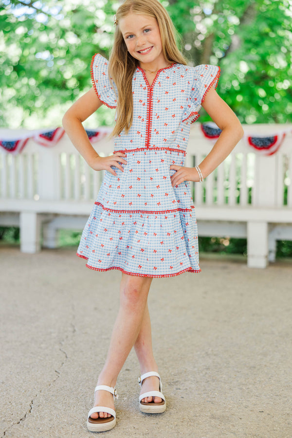Girls: At This Time Blue Gingham & Bows Dress