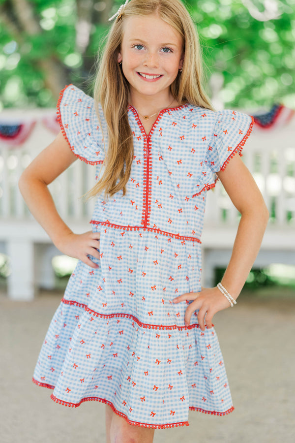 Girls: At This Time Blue Gingham & Bows Dress