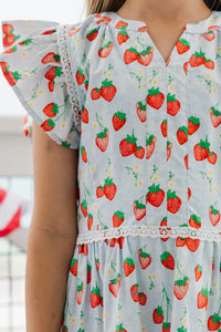 Girls: At This Time Light Blue Strawberry Printed Dress
