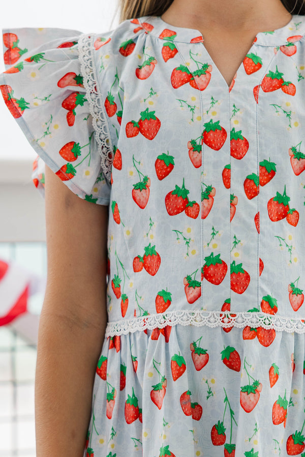 Girls: At This Time Light Blue Strawberry Printed Dress