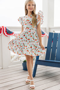 Girls: At This Time Light Blue Strawberry Printed Dress