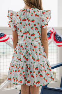 Girls: At This Time Light Blue Strawberry Printed Dress