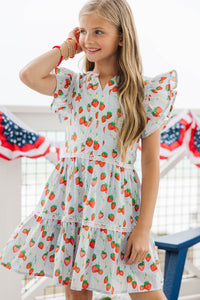 Girls: At This Time Light Blue Strawberry Printed Dress