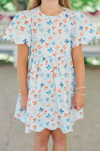 Girls: Time Goes By Light Blue Bow Print Scalloped Dress