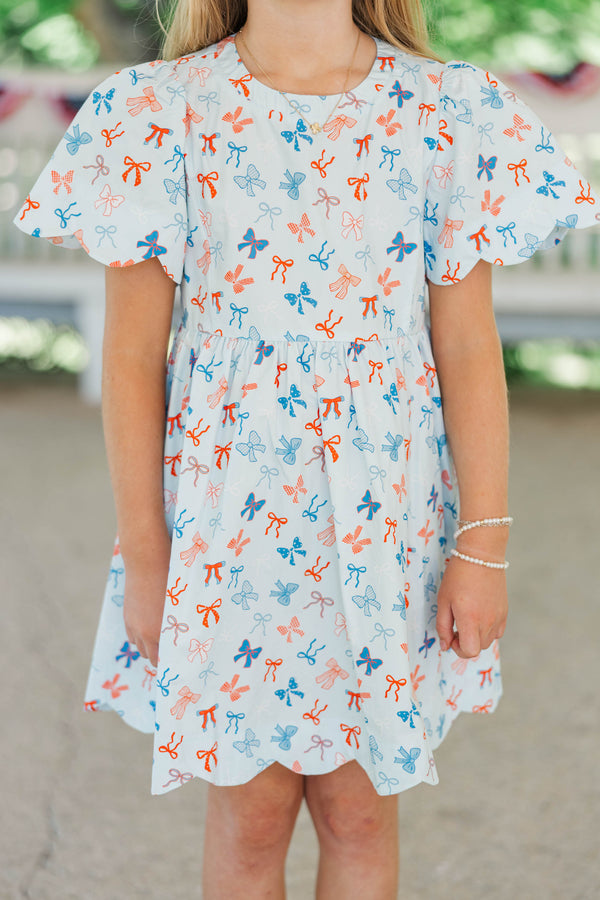 Girls: Time Goes By Light Blue Bow Print Scalloped Dress