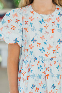 Girls: Time Goes By Light Blue Bow Print Scalloped Dress