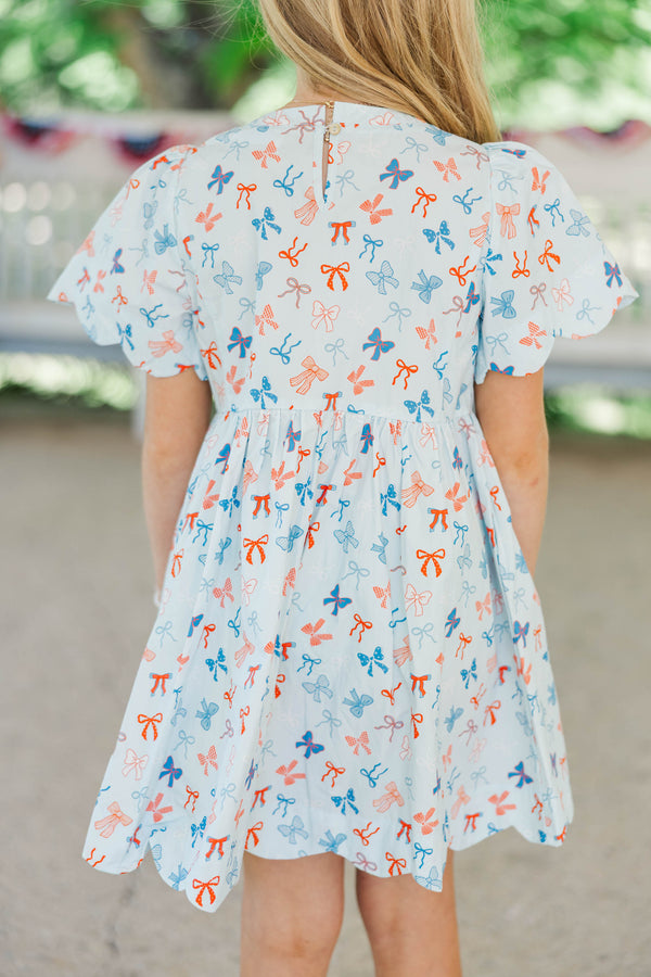 Girls: Time Goes By Light Blue Bow Print Scalloped Dress