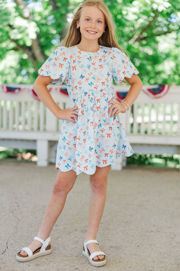 Girls: Time Goes By Light Blue Bow Print Scalloped Dress