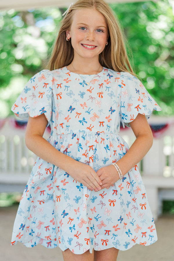 Girls: Time Goes By Light Blue Bow Print Scalloped Dress