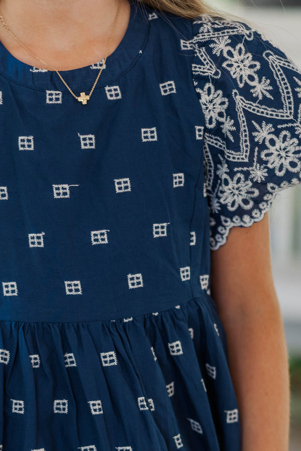 Girls: Time Goes By Navy Eyelet Scalloped Dress