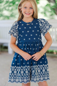 Girls: Time Goes By Navy Eyelet Scalloped Dress