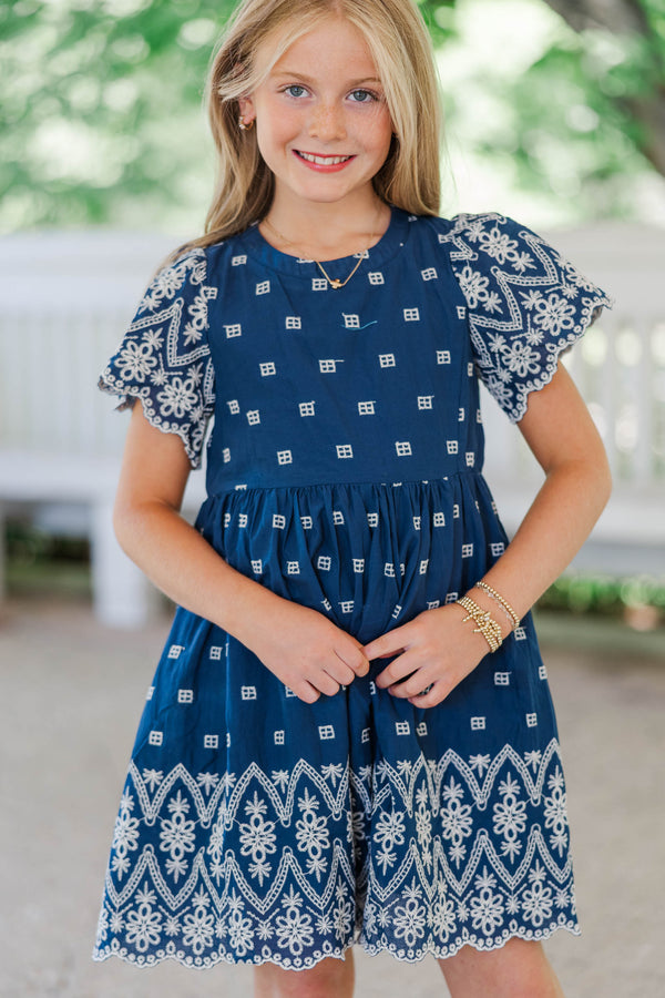 Girls: Time Goes By Navy Eyelet Scalloped Dress