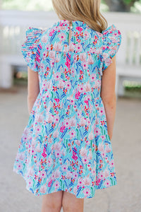 Girls: Make My Day Bright Blue Floral Babydoll Dress