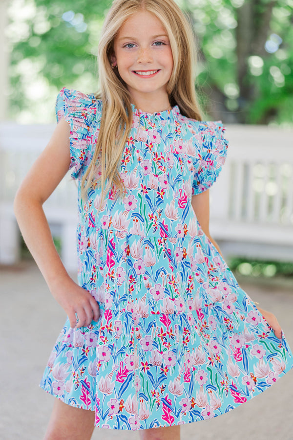 Girls: Make My Day Bright Blue Floral Babydoll Dress