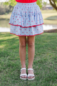 Girls: The Brena Light Blue Gingham & Bows Skort