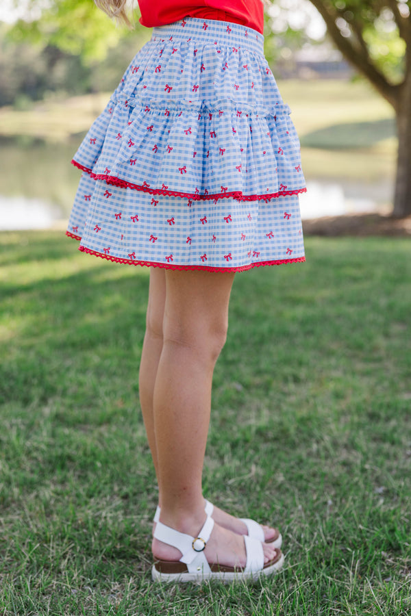 Girls: The Brena Light Blue Gingham & Bows Skort