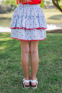 Girls: The Brena Light Blue Gingham & Bows Skort