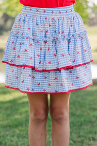 Girls: The Brena Light Blue Gingham & Bows Skort