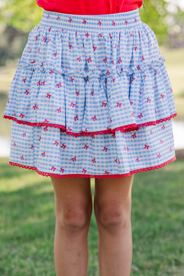 Girls: The Brena Light Blue Gingham & Bows Skort