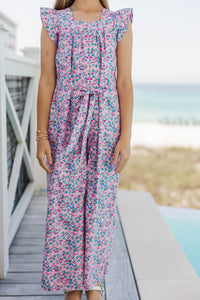 Girls: Just In Time Pink Ditsy Floral Jumpsuit