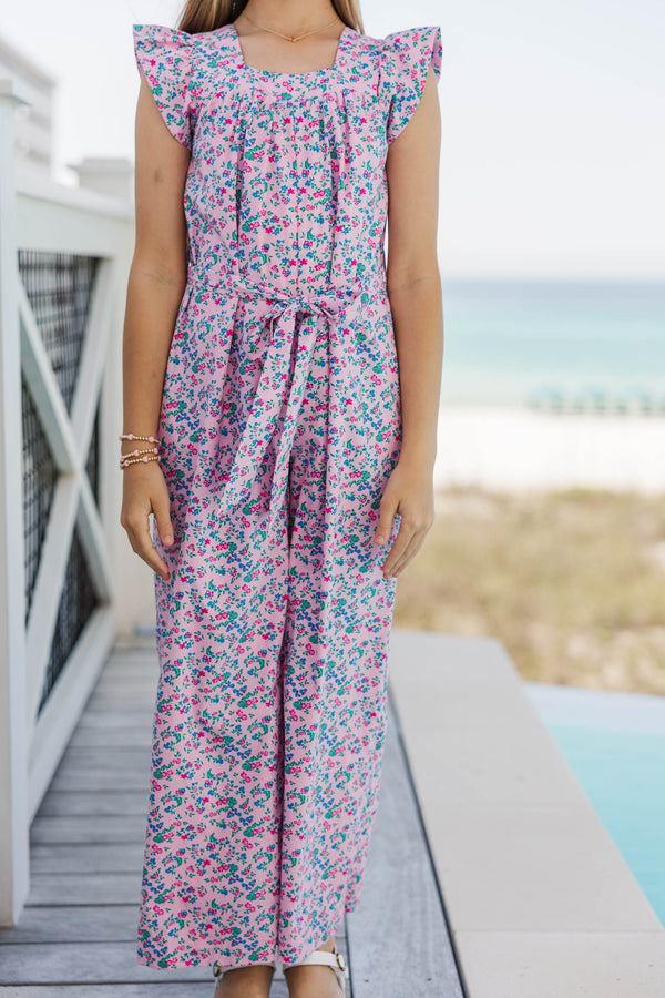 Girls: Just In Time Pink Ditsy Floral Jumpsuit