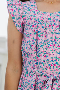 Girls: Just In Time Pink Ditsy Floral Jumpsuit