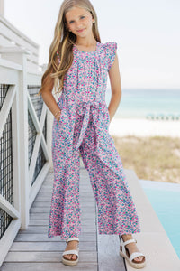 Girls: Just In Time Pink Ditsy Floral Jumpsuit