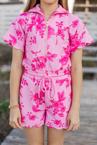 Girls: Off Duty Darling Pink Floral Scalloped Romper