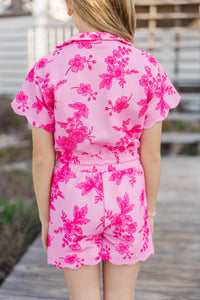 Girls: Off Duty Darling Pink Floral Scalloped Romper