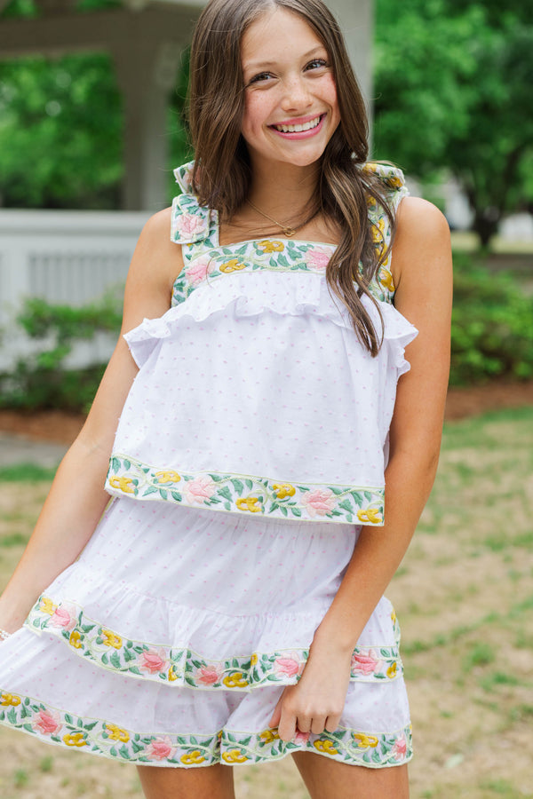 Girls: Keep It Sweet Green Floral Trim Swiss Dot Top