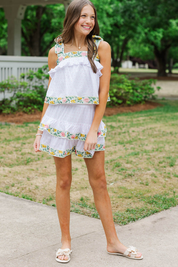 Girls: Keep It Sweet Green Floral Trim Swiss Dot Top