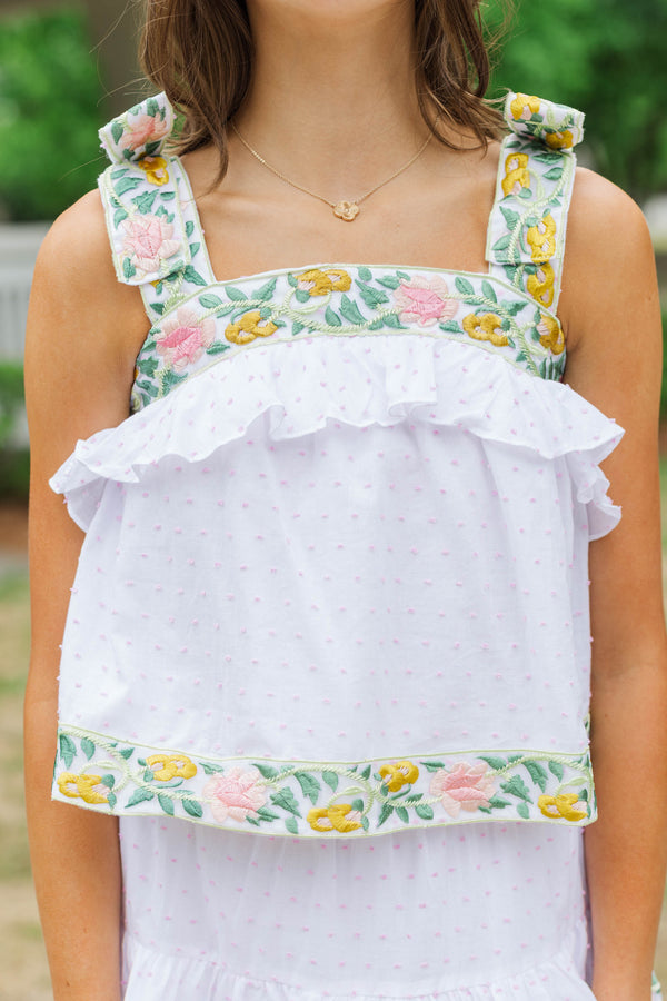 Girls: Keep It Sweet Green Floral Trim Swiss Dot Top