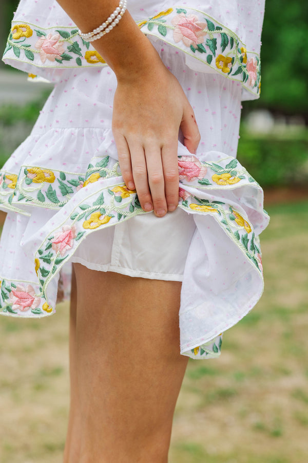 Girls: Just Enough Charm Green Floral Trim Swiss Dot Skirt