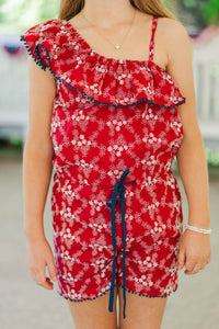 Girls: Steal The Show Red Embroidered One Shoulder Romper