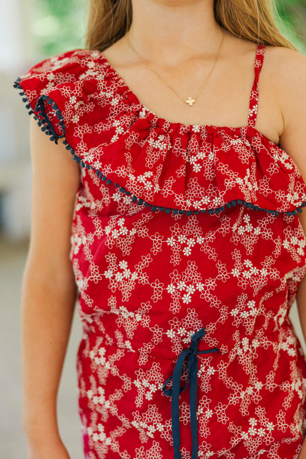 Girls: Steal The Show Red Embroidered One Shoulder Romper