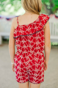 Girls: Steal The Show Red Embroidered One Shoulder Romper