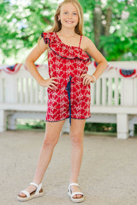 Girls: Steal The Show Red Embroidered One Shoulder Romper