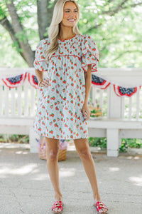 Seasonal Nostalgia Light Blue Strawberry Printed Babydoll Dress