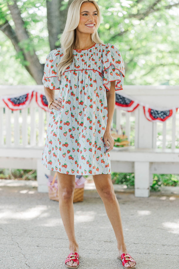 Seasonal Nostalgia Light Blue Strawberry Printed Babydoll Dress, Large - The Mint Julep Boutique