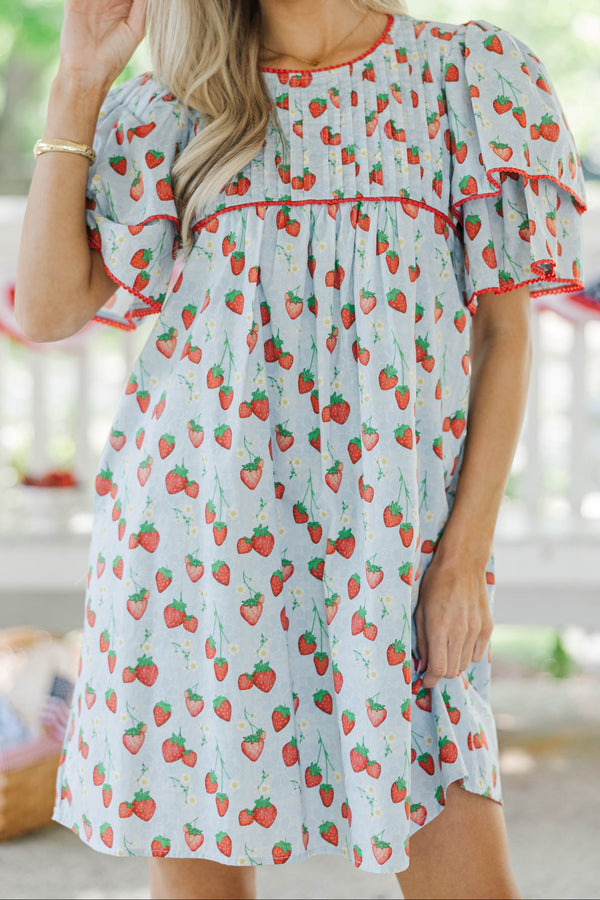Seasonal Nostalgia Light Blue Strawberry Printed Babydoll Dress