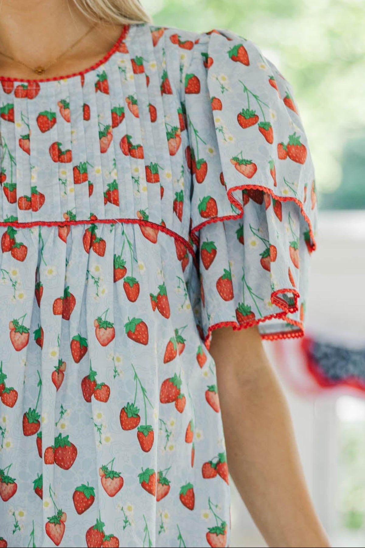 Seasonal Nostalgia Light Blue Strawberry Printed Babydoll Dress